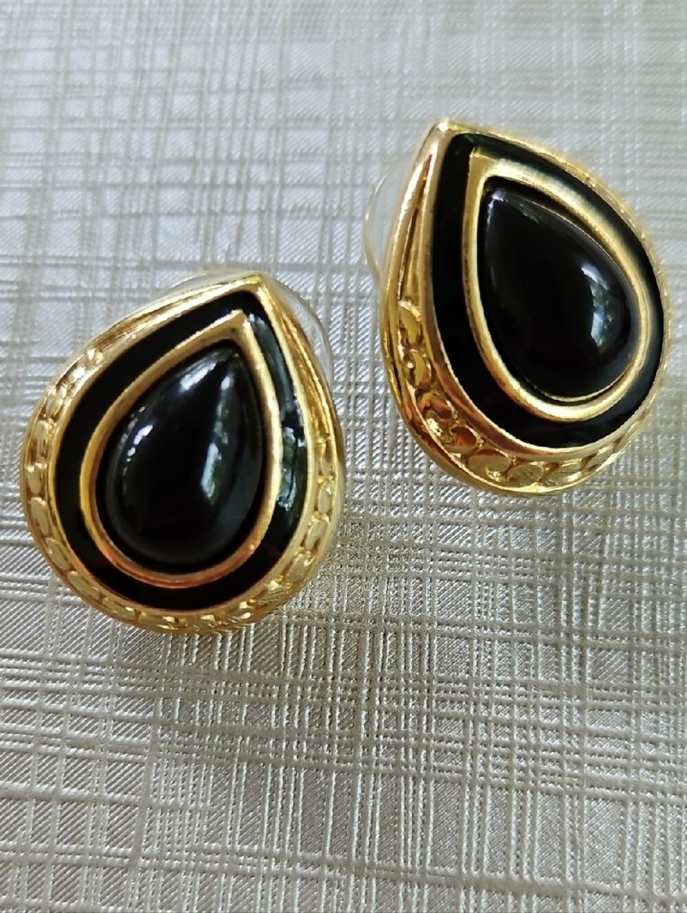 Trifari Gold-Tone Earrings with Black Teardrop Cabochons